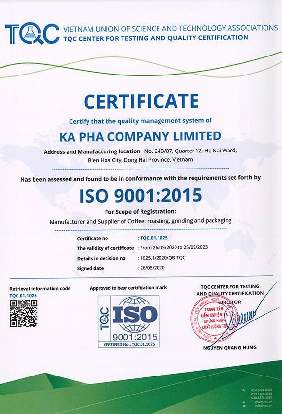 Chứng chỉ Kapha ISO 9001:2015